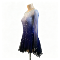 Robe de patinage artistique bleu-noir dégradé, manches longues en maille, dos ouvert croisé, jupe à strass pour adultes et enfants