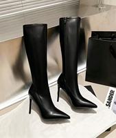 Nouvelles bottes de cow-boy noires à talon aiguille en polyuréthane, à bout pointu, montantes jusqu'au cuisse, avec fermeture éclair et patchwork en cuir, collection automne