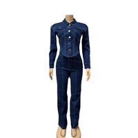 Mode Automne 2025 Femme Ensemble 2 Pièces en Denim Uni Teint Imperméable Écologique : Veste à Manches Longues et Jean