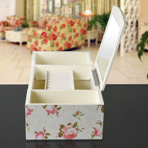 Wooden Jewelry <b>Box</b> Rectangle Flower Print <b>Mirror</b> Lid Storage Organizer For Desktop Use - Product Image 3