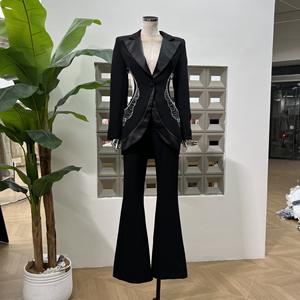 Novedad de verano, chaqueta y pantalones de traje de diamantes de imitación calados únicos para <span class=keywords><strong>mujer</strong></span>, conjunto de 2 piezas, moda Sehe - Product Image 1