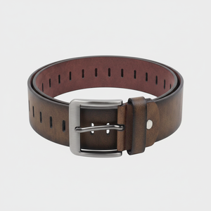 Cinturón informal de cuero marrón con textura artesanal para hombre, hebilla de latón de alta calidad con cuero cosido - Product Image 1