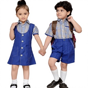 Cotton School Uniform Set for Kids Boys Girls Primary Checkered Dress Shorts Pink Shirt <b>White</b> Socks - Product Image 2