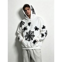 Sweat à capuche unisexe personnalisé 100 % coton avec imprimé toile d'araignée floqué, poche surdimensionnée, style streetwear, épaules tombantes, pull-over OEM ODM