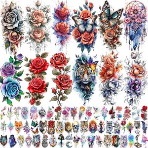 Tatouages temporaires de fleurs de rose pour femmes, filles et adultes – Autocollants de tatouage réalistes de pivoines et de fleurs, attrape-rêves colorés, en vrac, pour la moitié du bras - Product Image 1