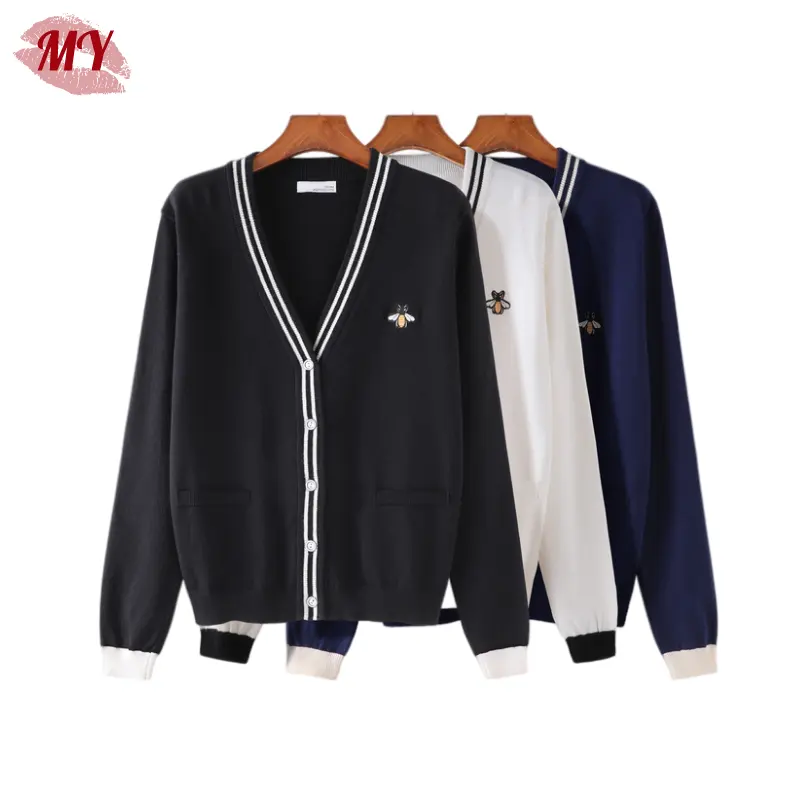 New 2022 Spring Preppy Style Loose Fit Embroidery Coat Striped Knit Cardigan