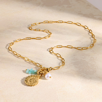 Collier d'été Océan en Acier Inoxydable Étanche avec Perles, Pierres Naturelles Bleues et Pendentifs Conques