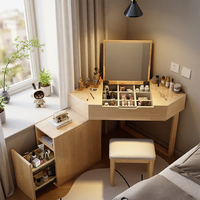 Table de maquillage triangulaire en bois massif avec bureau de rangement minimaliste, table de maquillage compacte intégrée pour les petites chambres