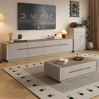 Ensemble meuble TV et table basse en bois massif, style moderne minimaliste, couleur noyer, console sur pied pour salon, compatible téléviseurs 65 pouces