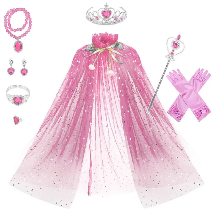 Conjunto de capa de princesa para niñas, capa de princesa para Cosplay con joyería, Tiara, corona, varita, mangas para brazo, 10 piezas