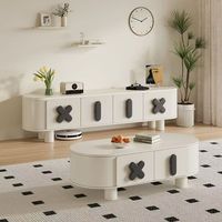 Lemari TV Kayu Solid Gaya Prancis, Meja TV Lengkung Panjang Model Cream untuk Ruang Tamu Modern Minimalis