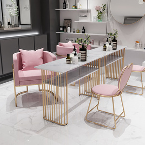 Ensemble de mobilier de salon de manucure moderne et luxueux avec table de manucure dorée et chaises, plateau en marbre professionnel, pour professionnels de la beauté des ongles - Product Image 2