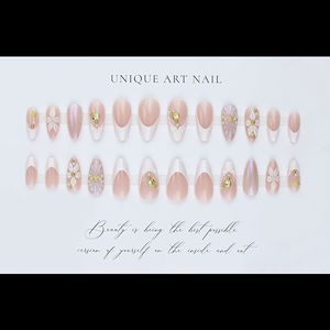 Faux ongles en gel souple à presser, longs, forme stiletto, French manucure, motif floral 3D, étoile de mer dorée, perle, réutilisables, pour femmes, salon de beauté - Product Image 2