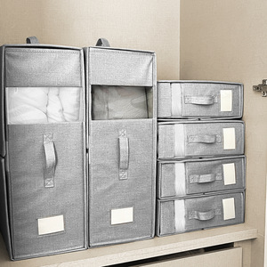 Fabric Bedding Storage Box With Lid Stackable Rectangle Gray Beige Foldable Wardrobe Organizer For Blanket Duvet Cover - Product Image 1