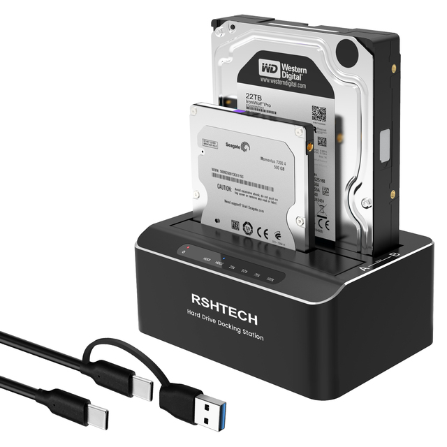 USB C to SATA Dual-Bay External Hard Drive Docking Station for 2.5/3.5 Inch HDD/SSD Support Offline Clone/Duplicator Function