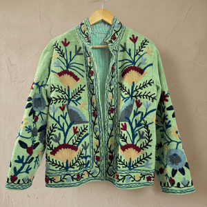 Veste fine pour femme, faite à la main, en coton respirant avec doublure en soie, style robe, pour l'automne/hiver, avec coque en PU et tissu en toile à motifs floraux - Product Image 2