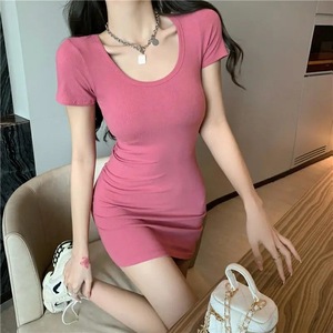 Tight Fitting Short Sleeve Dress For Women Grey Scoop Neck Waist Cinching Casual Daily Wear Solid Color Simple Style - Product Image 2
