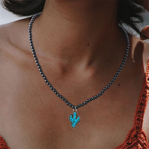Turquoise Squash <span class=keywords><strong>Faux</strong></span> <span class=keywords><strong>Pearl</strong></span> Collier Ras Du Cou pour Femmes Navajo Style Mode Pendentif Cactus/Cowboy Boot/Star/Steer Bull Head - Product Image 3
