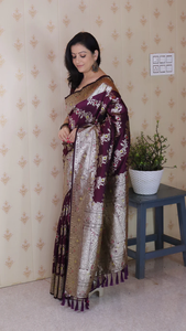 Elegante Sari de Seda Suave Banarasi Jaal Meenakari con Bordado Zari, Protección Solar, Sin Arrugas, Perfecto para Fiestas, Tradicional, Hecho a Mano - Product Image 5