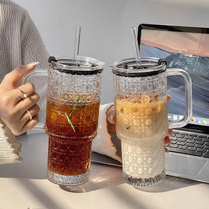 Bicchiere di vetro di grande capacità con manico e paglia portatile tazza di <span class=keywords><strong>caffè</strong></span> ghiacciato con coperchio per il succo di latte tè e bevande fredde - Product Image 1