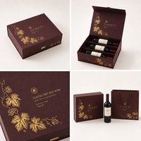 Boîte de présentation de vin à étages personnalisée pour 3 bouteilles, présentoir en forme d'escalier, boîte rigide rouge vin profond avec emballage en feuille d'or