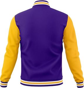 Custom Logo Unisex <b>Varsity</b> <b>Jacket</b> <b>Purple</b> Yellow Patchwork Baseball <b>Jacket</b> Contrast Color Windbreaker Outerwear for Team - Product Image 4