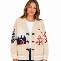 Cardigan en tricot jacquard personnalisé avec logo, motif tendance automne-hiver, vente en gros, vêtement d'extérieur tricoté pour femme