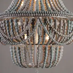 Lampu dekorasi tempat lilin Retro kayu, lampu gantung manik-manik kayu hangat Prancis, lampu liontin tali Solid
