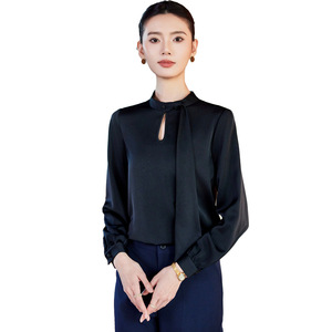 White Long Sleeve Chiffon Shirt For Women With Bow Tie Workwear Professional Blouse Solid Color Polyester Fabric - Product Image 5