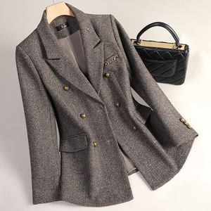 Women's Woolen Blazer Grey Dark Brown Double Breasted Anti-Wrinkle Pocket Design Autumn Winter Casual Commute Style - Product Image 1
