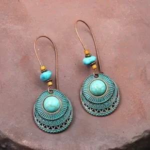 Retro alloy women Long Round shape turquoise folk-custom earrings Starfish shell pendant ear hook jewelry wholesale