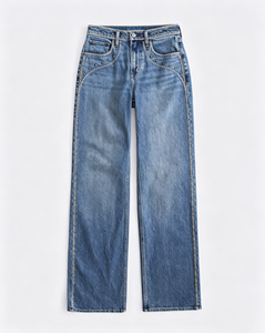Jean évasé taille mi-haute pour femme, style western, en denim délavé vintage avec rivets décoratifs et surpiqûres contrastantes - Product Image 3