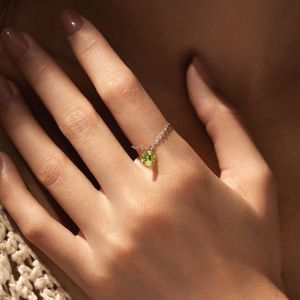 S925 Silver <b>Dainty</b> Round Green Zircon Adjustable Chain <b>Ring</b> Silver Plated Open Stackable <b>Ring</b> for Women Daily Birthstone Jewelry - Product Image 4