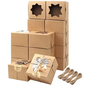 Brown Bakery Boxes with Window Cookie Boxes 6x6x3 Inches Small Cake Box Kraft Paper Treat Boxes for Cookies, Pastry, Cupcakes,