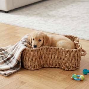 Panier de rangement tressé en forme d'os pour chien avec poignées, boîte de rangement en osier naturel pour jouets d'animaux, plateau pour chiens - Product Image 4