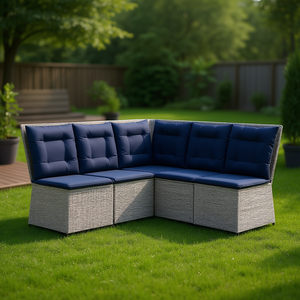 Conjunto de Sofá Esquinero para Patio de Poliratán Gris con Cojines Azul Marino, Muebles de Jardín para Exteriores, Diseño Contemporáneo, Resistente al Agua y a los Rayos UV - Product Image 2