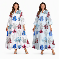 Robe longue ample à col cranté, imprimé feuilles colorées, manches trois quarts, coupe droite |   Abaya musulmane quotidienne, robe islamique modeste