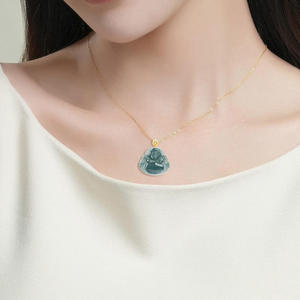 หยกธรรมชาติสีน้ำเงินหยกพระพุทธรูปจี้ทอง 18K ฝังทองคำ สร้อยคอเครื่องประดับชั้นดี ศาสนาพุทธ D231 - Product Image 4