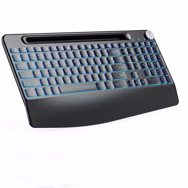 Full Size Wireless Backlight Keyboard Rechargeable Built in Phone Holder Keyboard With Wrist Rest for Mac Wins Laptop PC