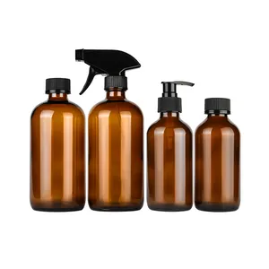 wholesale 8oz 16oz 250ml 500ml frosted amber brown clear boston round glass bottles Spray lotion with Trigger pump