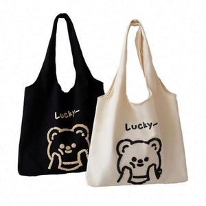 <b>Cute</b> <b>Bear</b> Towel Embroidered Cotton Tote Bag Reusable Large Capacity Student Canvas Shoulder Shopping Bag - Product Image 1