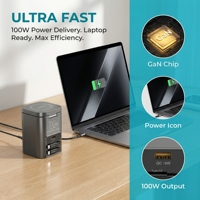 Station de charge multifonction 100W, charge rapide sans fil magnétique 25W pour téléphone avec câble USB C rétractable, port USB A QC3.0