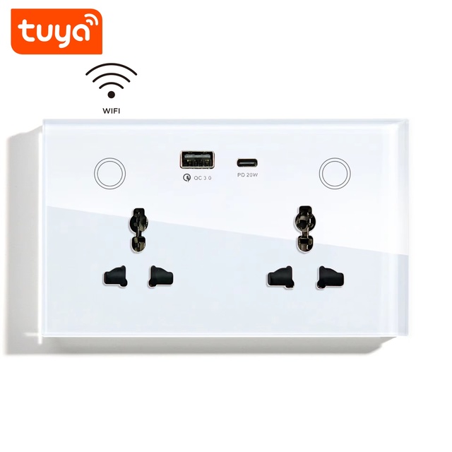 SLS Industrial Wall Smart Socket Timer Universal Electricity Metering WiFi Glass 16A Voice Tuya 147 Remote 2 Outlets