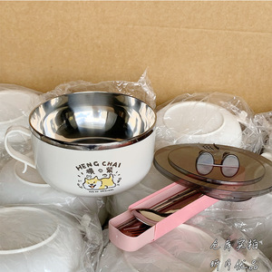 Tazón de fideos de acero inoxidable Heng Chai con tapa, tamaño grande, diseño de dibujos animados, para viajes y uso en dormitorios. - Product Image 4