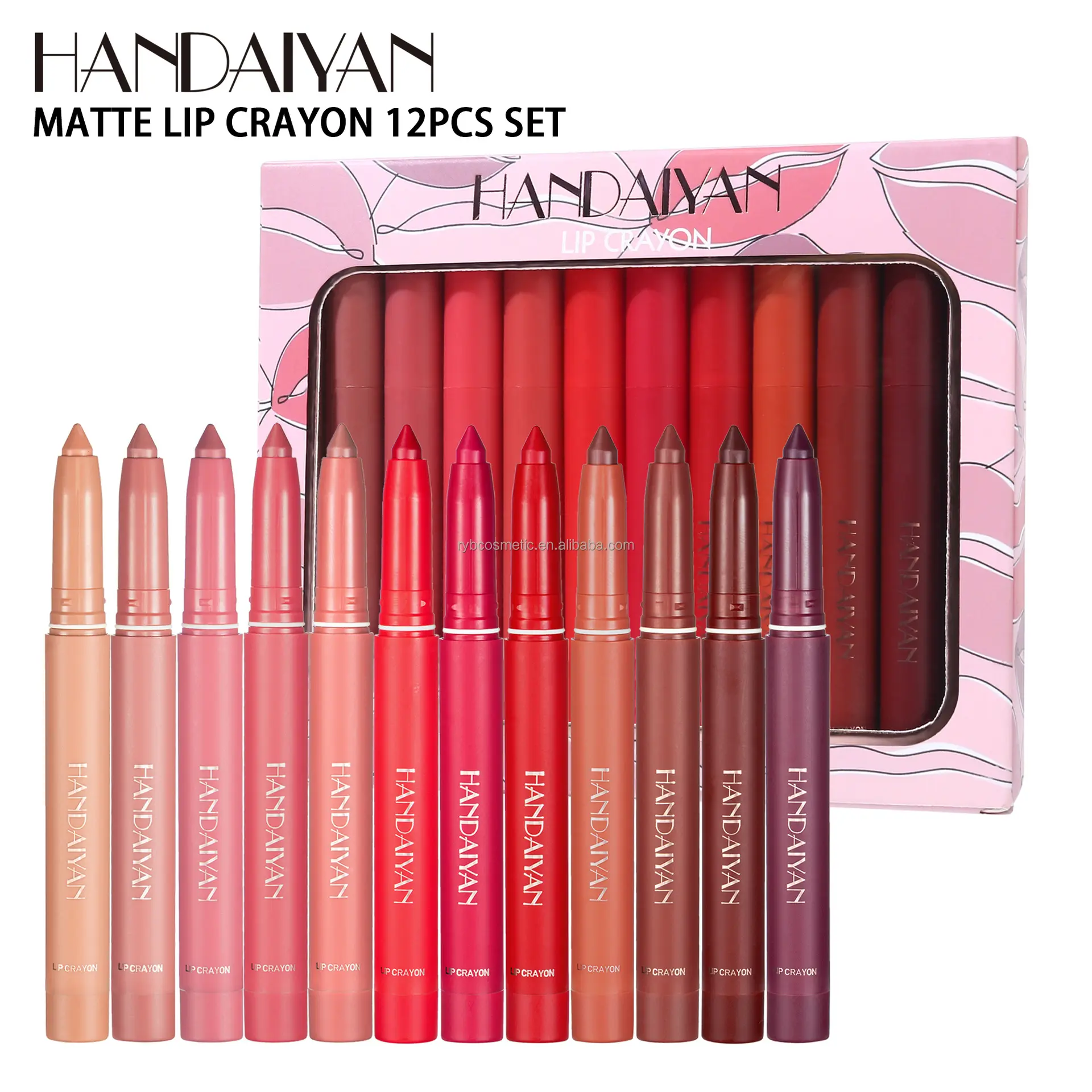 HANDAIYAN 12 Warna Lipstik Pena Lip Liner Set Berputar dan Memotong Penggunaan Ganda Tidak Mudah Pudar Tidak Mudah untuk Dicelup Cangkir K1