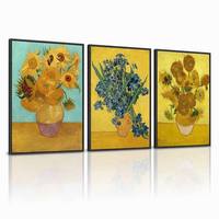 Lot de 3 tableaux encadrés Tournesols et iris sur toile, cadre noir, reproduction d'art floral post-impressionniste, triptyque célèbre