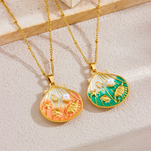 Cartoon Gradient <b>Seashell</b> Pendant Stainless Steel <b>Necklace</b> With Pearl Inlay For Gift - Product Image 3