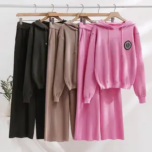 Women Knitted Fashion Casual Hooded Sweaters Wide Leg Pants Female Sports Set Winter Sweater Suits Two-piece Set for Ladies