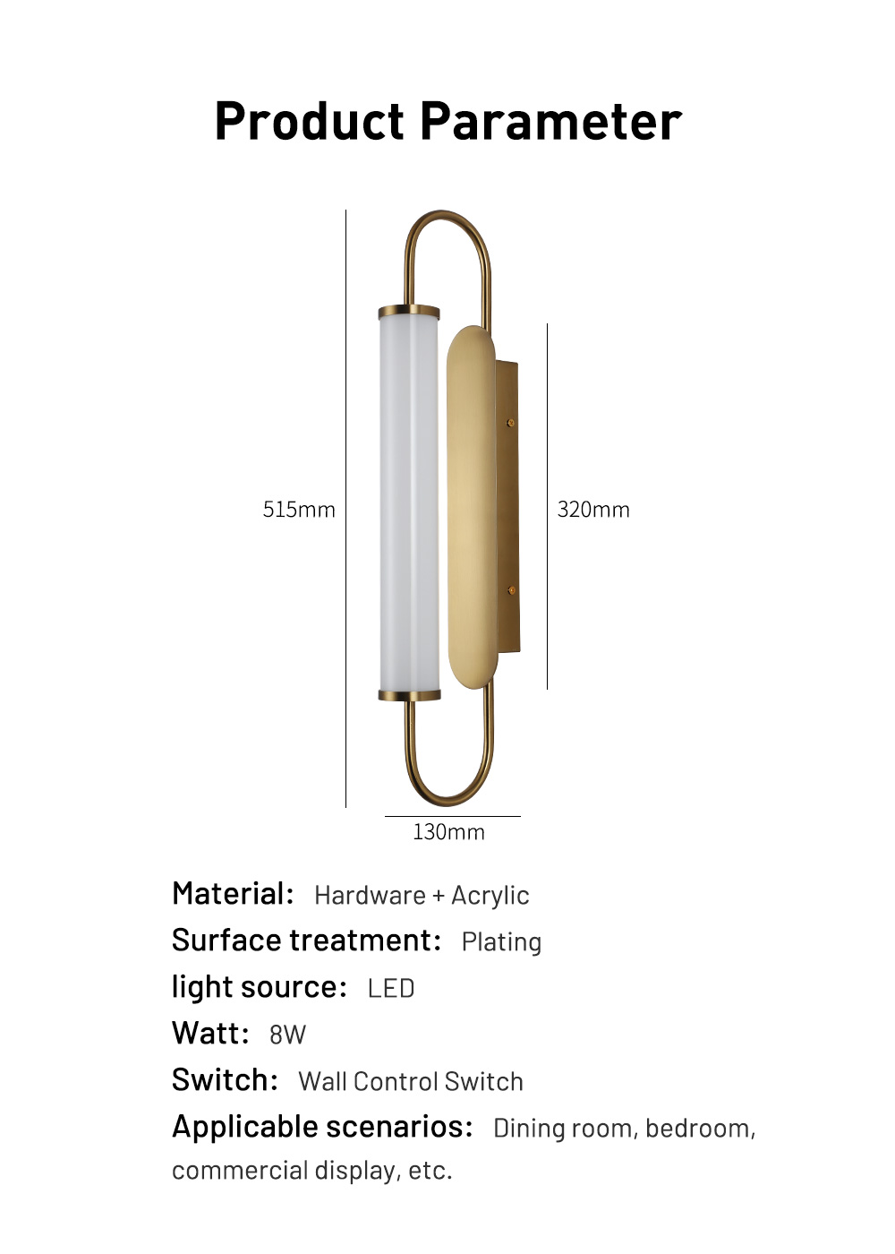 Modern Decoration Iron Acrylic Golden Color Indoor Wall Sconces Bathroom Led Wall Lamp