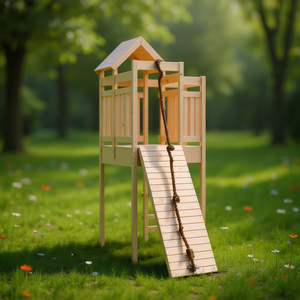 Casita de juegos de madera maciza de pino con pared de escalada para uso en exteriores en el patio trasero para niños de 3 a 8 años - Product Image 2